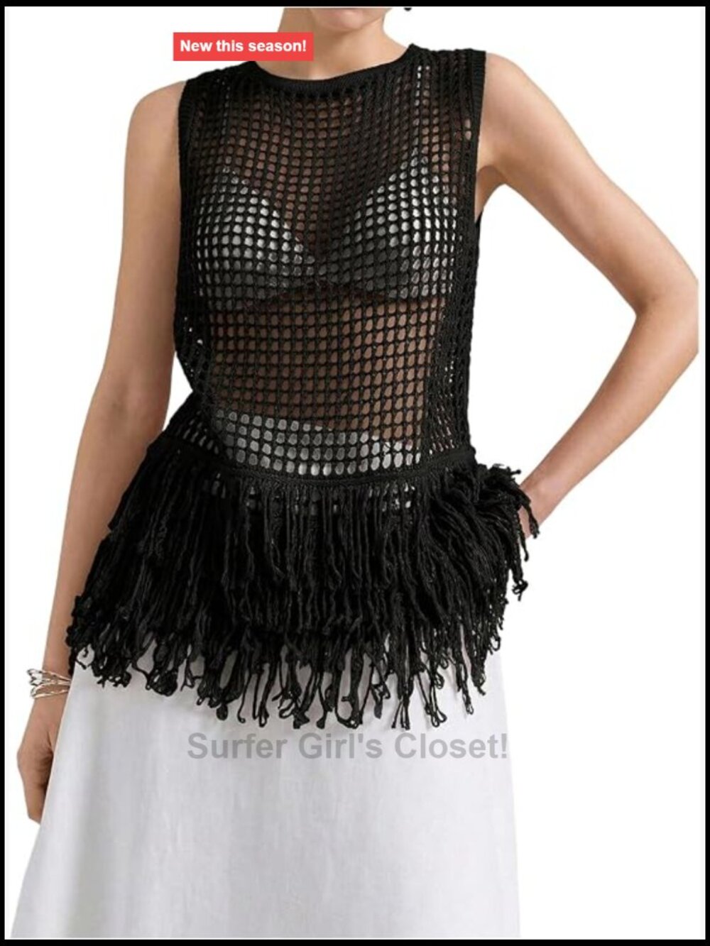 Crochet Hollow Out Fringe Tank Top Sleeveless Summer Knit